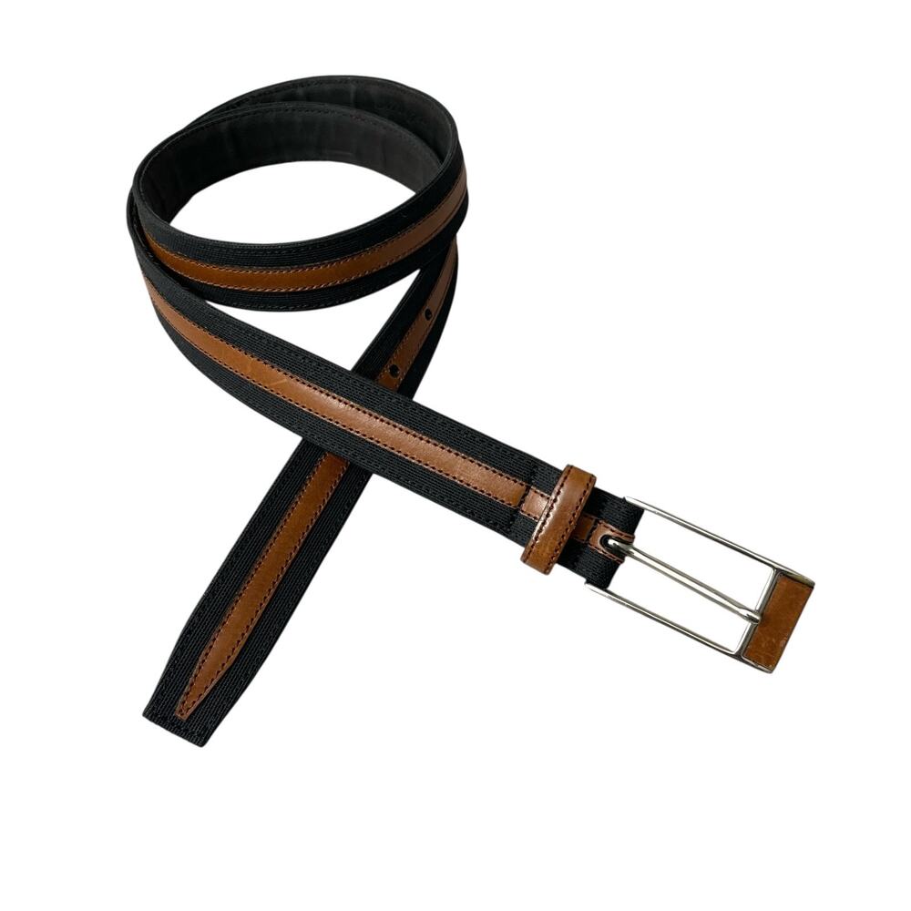 Mezlan Canvas Leather Belt Mens Medium Brown Black Silver Buckle Spain 1in